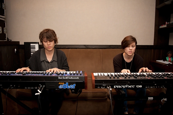 Tegan and Sara in the studio with Justin Meldal-Johnsen May 2012, photo by Lindsey Byrnes